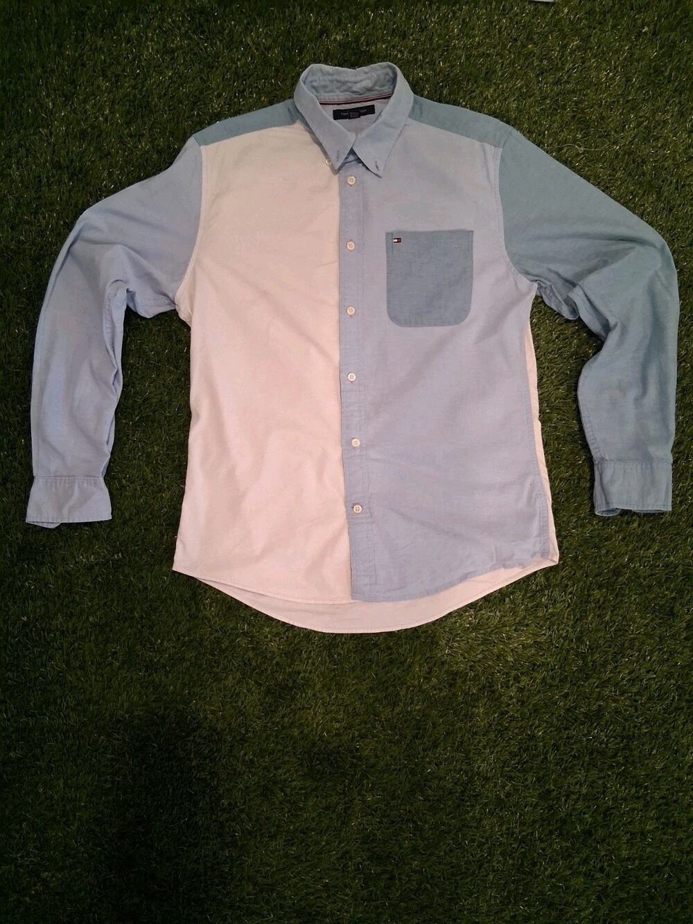 Tommy Hilfiger Colorblock Shirt Mens Medium M Blue Pink Oxford Long Sleeve
